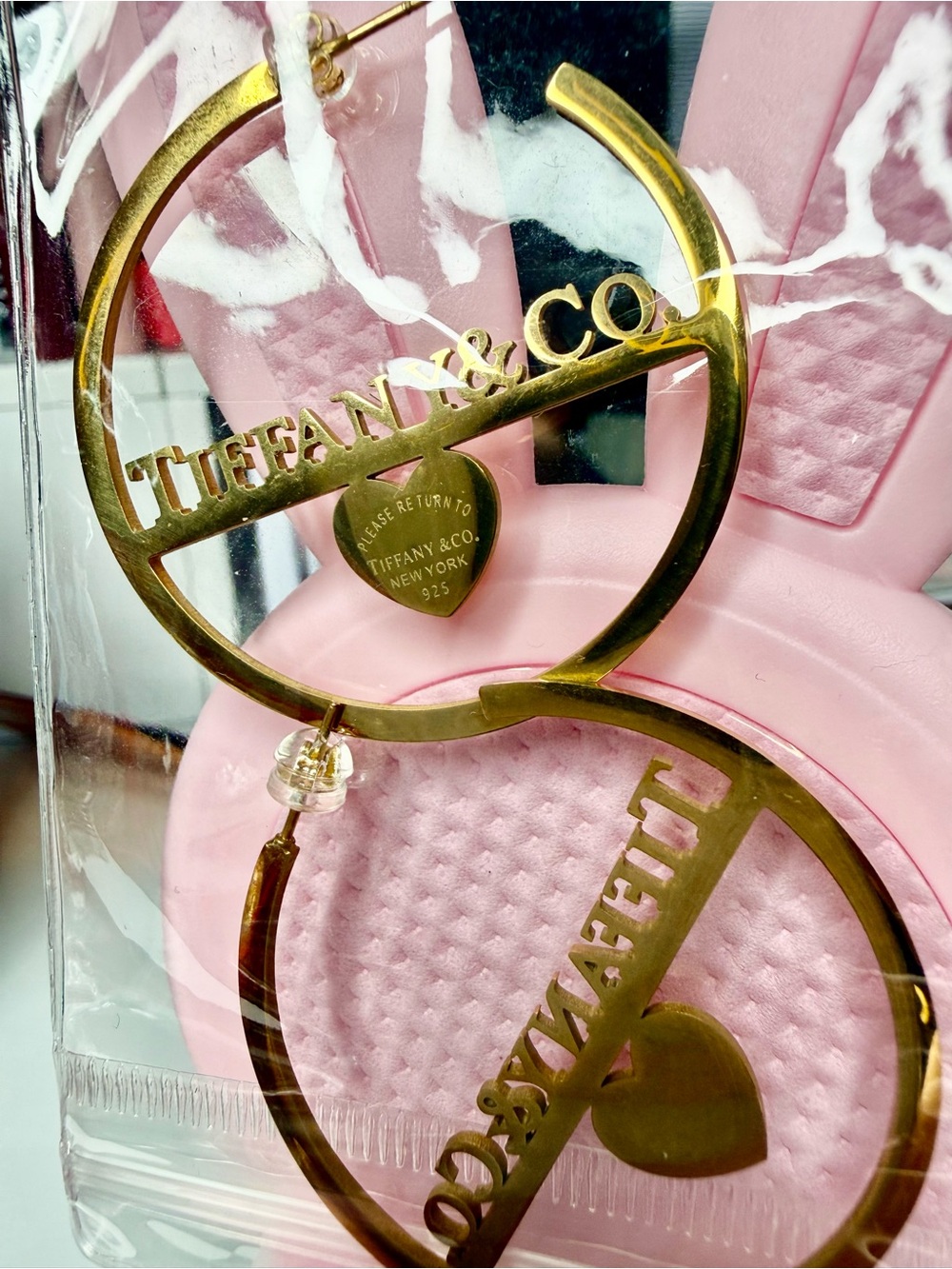 Fashion Stainless Steel Gold Hoop Earrings with Heart Charm - Picture 3 of 3